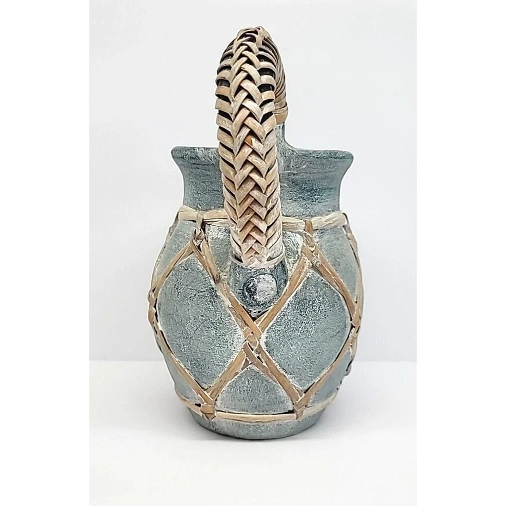 Vintage Coastal Rattan Wrapped Blue Terra‎ Cotta Pitcher 8.25